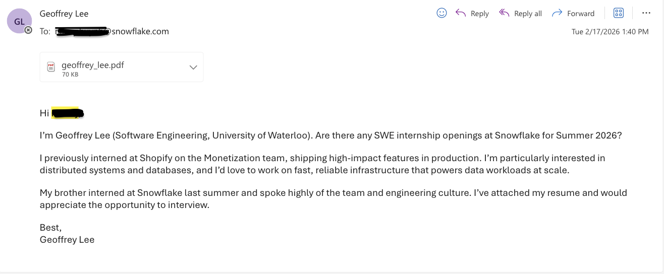 Outreach email sent to a Snowflake recruiter with resume attached